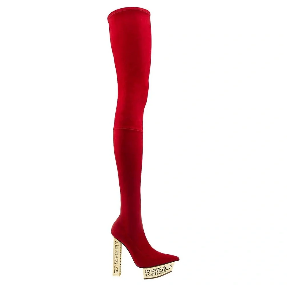 VERSACE HOLIDAY RED GREEK Over the knee boots suede 9.5 40 Gold shoes costume